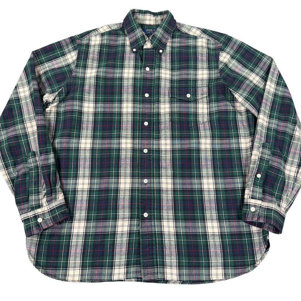 Polo Ralph Lauren Shirt Mens L Classic Fit Green Navy Plaid Cotton Button Down